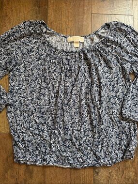 Michael Kors Navy & White Floral Print Peasant Top